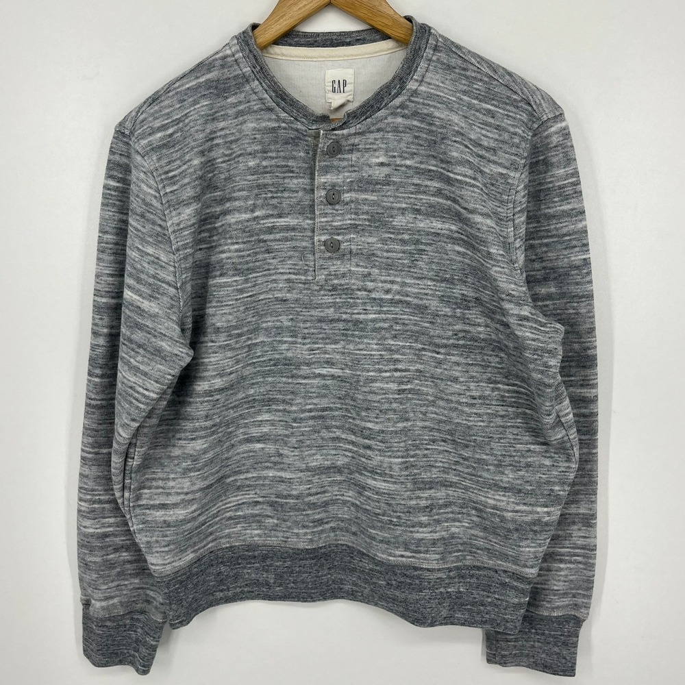 Gap‎ Womens Space Dye Henley Sweatshirt Grey Marled Long Sleeve Pullover Size M